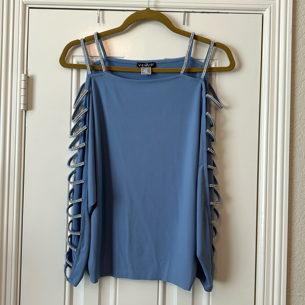 Venus Cornflower Blue Cold Shoulder Rhinestone Cage Sleeve Party Top Size XS